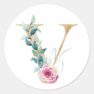 Sticker Rond Lettre aquarelle V avec des roses. Personnalisez e