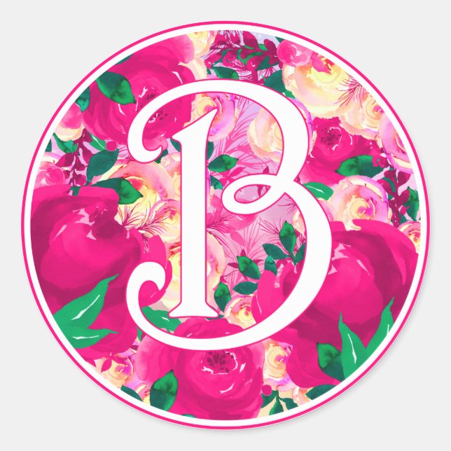 Sticker Rond Lettre B Aquarelle rose Monogramme circulaire (Devant)