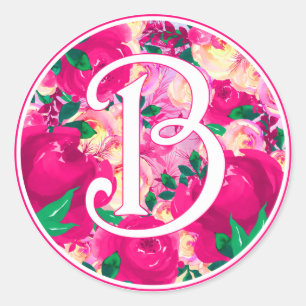 Sticker Rond Lettre B Aquarelle rose Monogramme circulaire