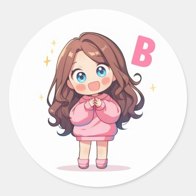Sticker Rond Lettre B Mignonne Fille Kawaii Anime (Devant)