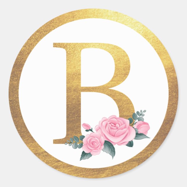 Sticker Rond Lettre B Monogramme Roses roses rose Floral & Eleg (Devant)