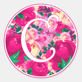 Sticker Rond Lettre C Aquarelle rose Monogramme circulaire