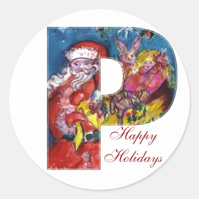 STICKER ROND LETTRE C DE NOËL / PÈRE NOËL AVEC CADEAUX MONOGRAM (Devant)