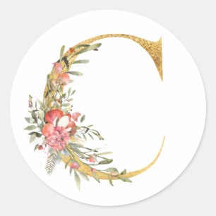 Sticker Rond Lettre C dorée avec fleurs