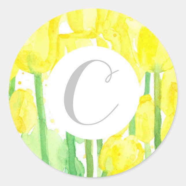 Sticker Rond Lettre C Monogramme Fleurs de tulipes jaunes (Devant)