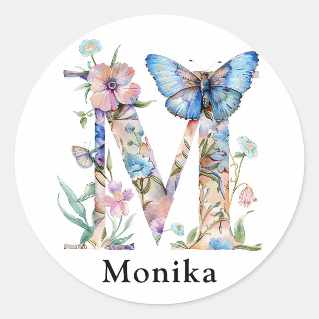 Sticker Rond LETTRE CHIC M | Lettre florale lunaire monogramme (Devant)