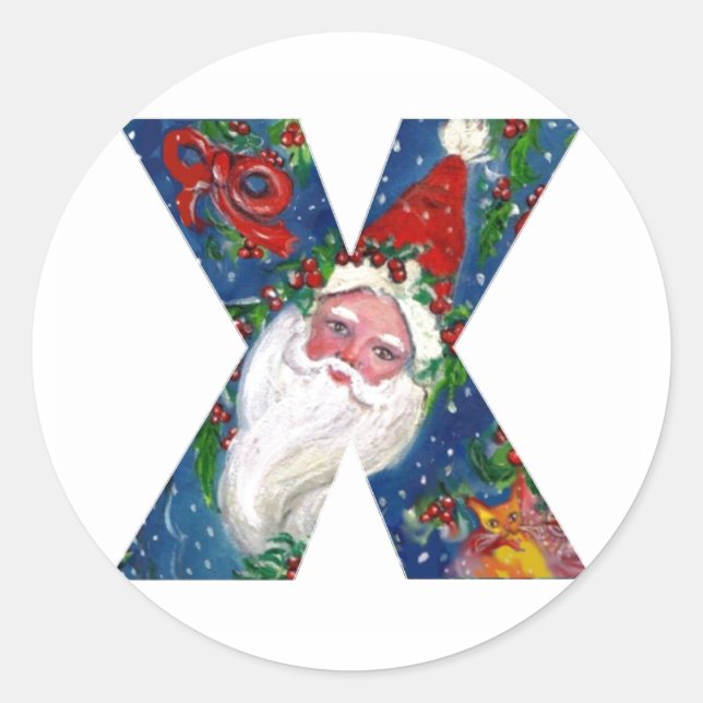 STICKER ROND LETTRE CHRISTMAS X / SANTA CLAUS AVEC RIBBON ROUGE (Devant)