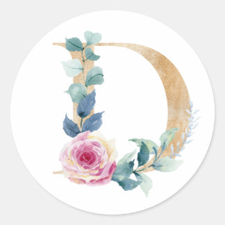 Sticker Rond Lettre D aquarelle avec rose