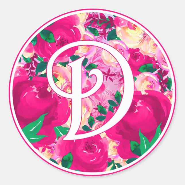 Sticker Rond Lettre D Aquarelle rose Monogramme circulaire (Devant)