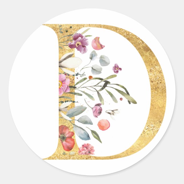 Sticker Rond Lettre D dorée avec fleurs (Devant)