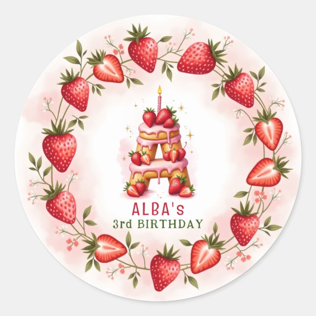 Sticker Rond LETTRE D'ANNIVERSAIRE fraise A Gâteau (Devant)