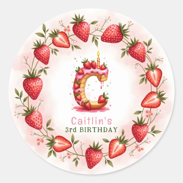 Sticker Rond LETTRE D'ANNIVERSAIRE fraise C Gâteau (Devant)