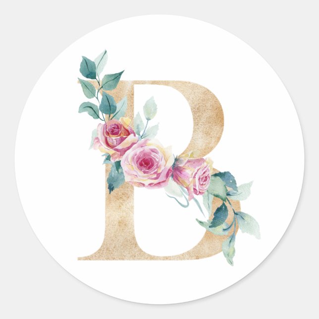 Sticker Rond Lettre d'aquarelle B avec rose (Devant)