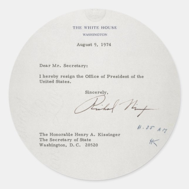 Sticker Rond Lettre de démission du Président Richard M. Nixon (Devant)