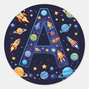 Sticker Rond 🚀 Lettre de l'espace A Fusées Planètes Étoiles En