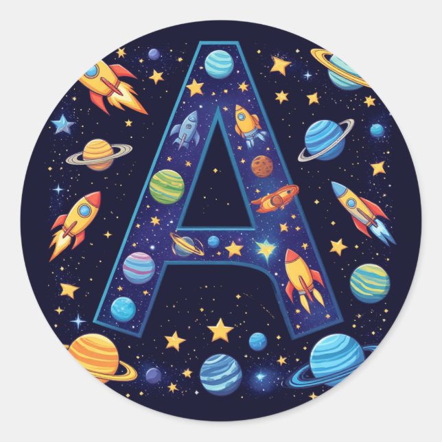 Sticker Rond 🚀 Lettre de l'espace A Fusées Planètes Étoiles En (Devant)