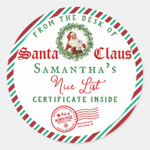 Sticker Rond Lettre de Noël du Père Noël Certificat de Liste de
