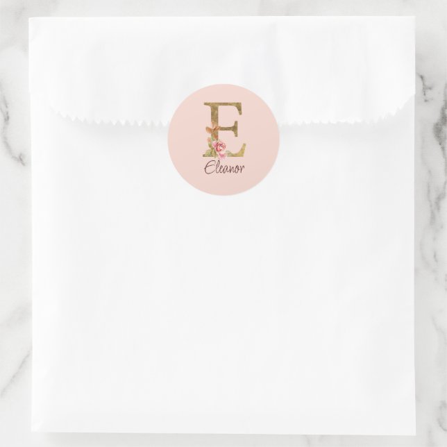 Sticker Rond Lettre de nom personnalisée E Roses roses blush fe (Sac)