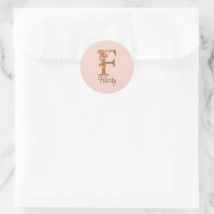 Sticker Rond Lettre de nom personnalisée F Roses rose poudré fe