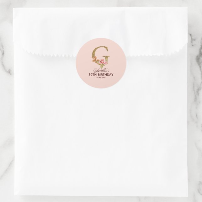 Sticker Rond Lettre de nom personnalisée G Roses roses blush or (Sac)