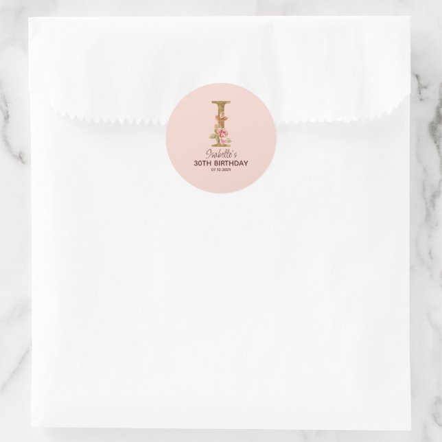 Sticker Rond Lettre de nom personnalisée I Roses roses blush or (Sac)