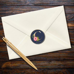 Sticker Rond Lettre d'or C Elegant Marine Floral Monogramme