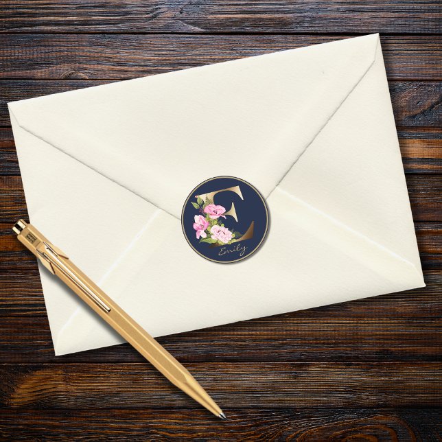 Sticker Rond Lettre d'or E Elegant Marine Floral Monogramme (Créateur téléchargé)