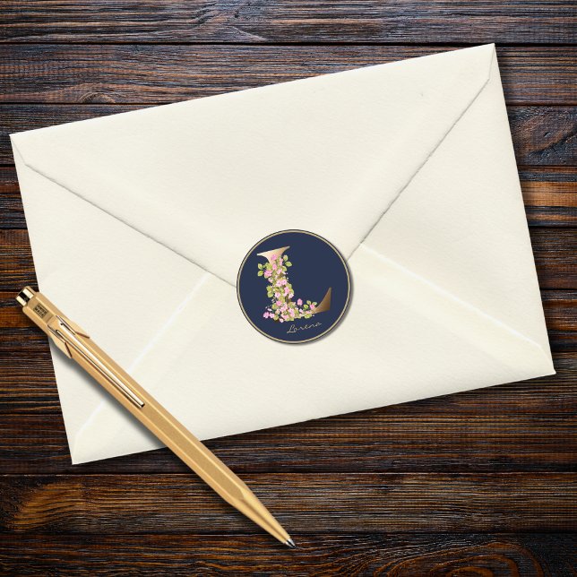 Sticker Rond Lettre d'or L Marine Élégant Monogramme floral (Créateur téléchargé)