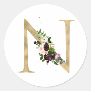 Sticker Rond Lettre d'or MONOGRAMM boho bordeaux fleurs Cla