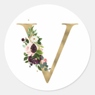 Sticker Rond Lettre d'or MONOGRAMM boho bordeaux fleurs Cla