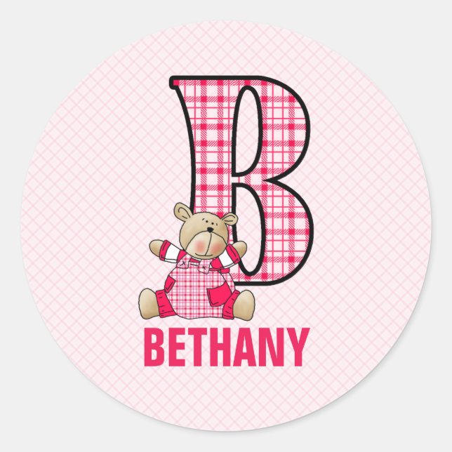 Sticker Rond Lettre d'ours rose B Nom de la fille vérifié (Devant)