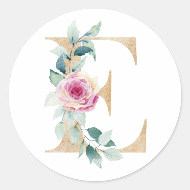 Sticker Rond Lettre E aquarelle avec des roses (Devant)