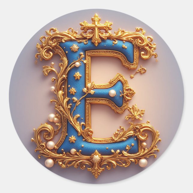 Sticker Rond Lettre E bleue ornée (Devant)