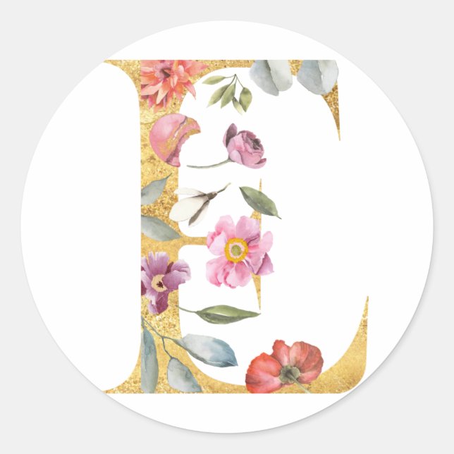 Sticker Rond Lettre E dorée avec fleurs (Devant)