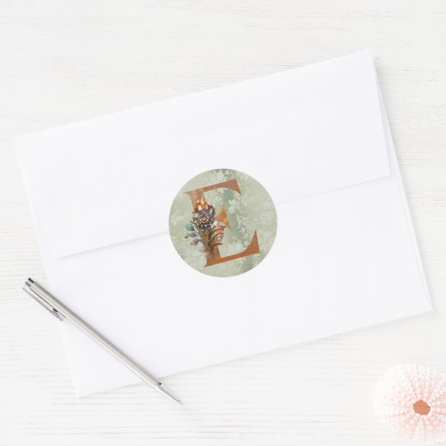 Sticker Rond Lettre E Florale Steampunk Vintage (Enveloppe)