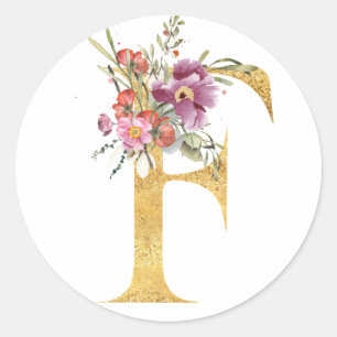 Sticker Rond Lettre F dorée avec fleurs