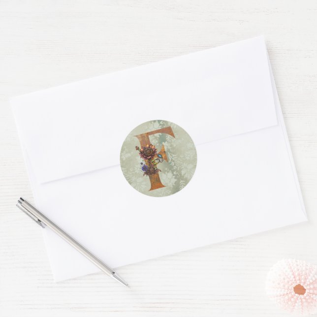Sticker Rond Lettre F Florale Steampunk Vintage  (Enveloppe)