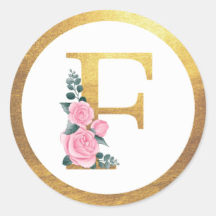 Sticker Rond Lettre F Monogramme Roses roses rose Floral & Or É