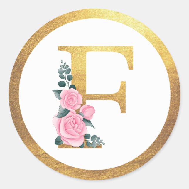 Sticker Rond Lettre F Monogramme Roses roses rose Floral & Or É (Devant)