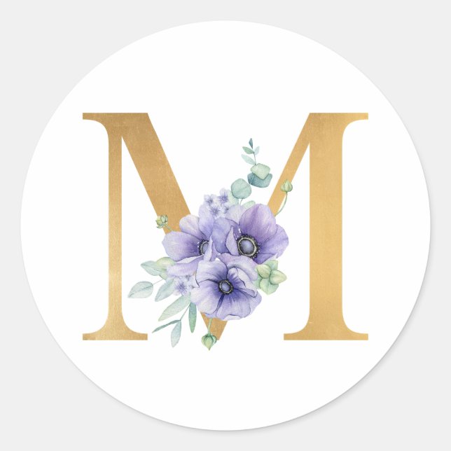 Sticker Rond LETTRE FAUX GOL M Violet Floral Monogramme (Devant)