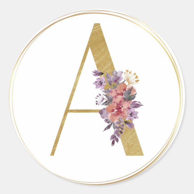Sticker Rond LETTRE Florale D'OR A Sceau Monogramme (Devant)