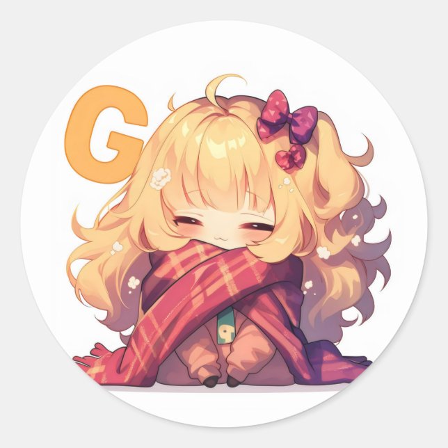 Sticker Rond Lettre G mignonne fille Anime (Devant)