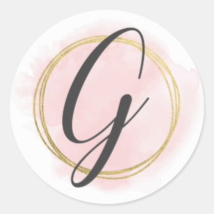 Sticker Rond Lettre G Monogramme Aquarelle rose pâle Chic or