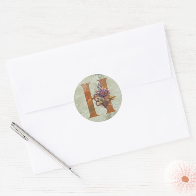 Sticker Rond Lettre H Florale Steampunk Vintage (Enveloppe)