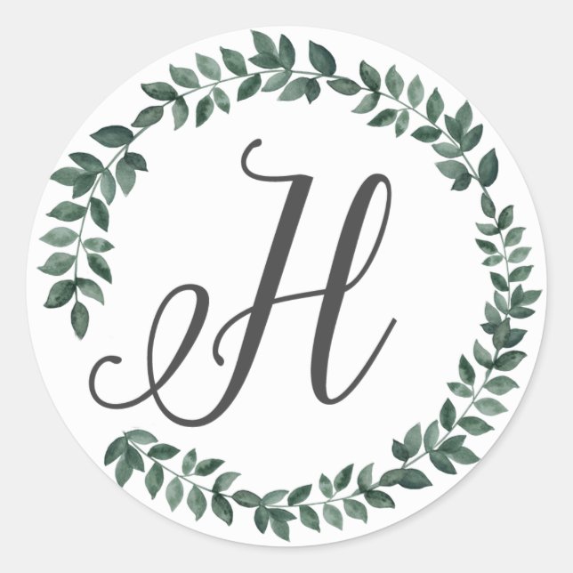 Sticker Rond Lettre H Monogramme Couronne de Feuilles Botanique (Devant)
