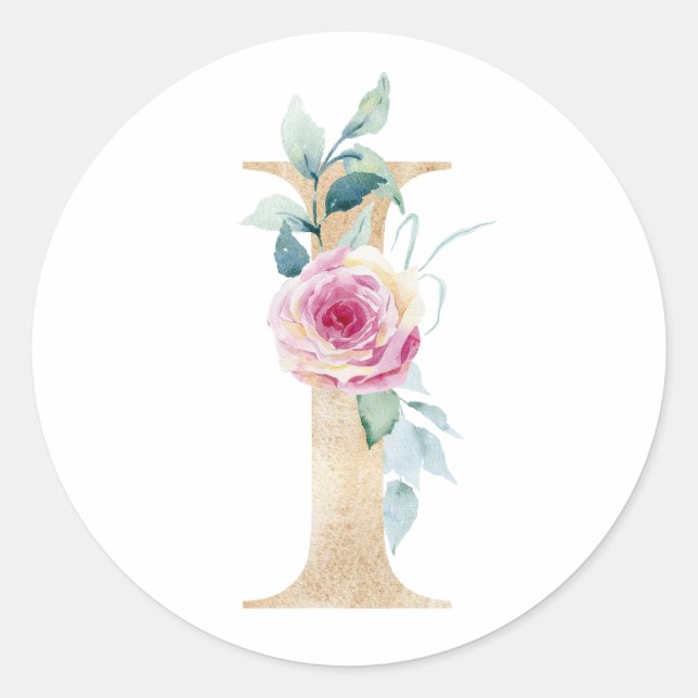 Sticker Rond Lettre I aquarelle avec roses (Devant)