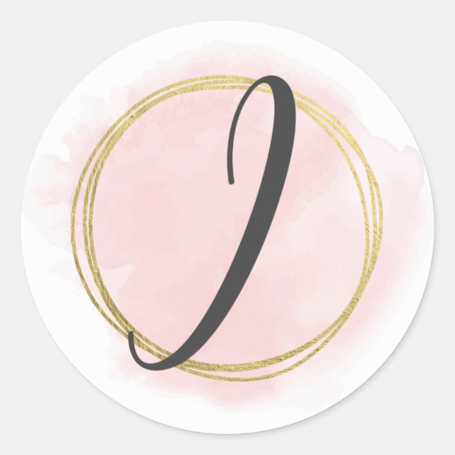 Sticker Rond Lettre I Monogramme Aquarelle rose pâle Chic or (Devant)