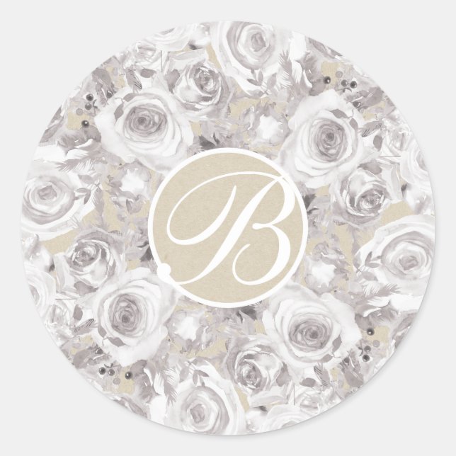 Sticker Rond Lettre Initiale Monogramme Roses d'Hiver Rustique  (Devant)