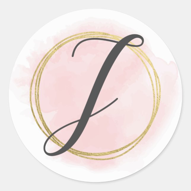 Sticker Rond Lettre J Monogram Blush rose Aquarelle or chic (Devant)