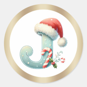 Sticker Rond Lettre J monogramme, chapeau de Père Noël Noël Au
